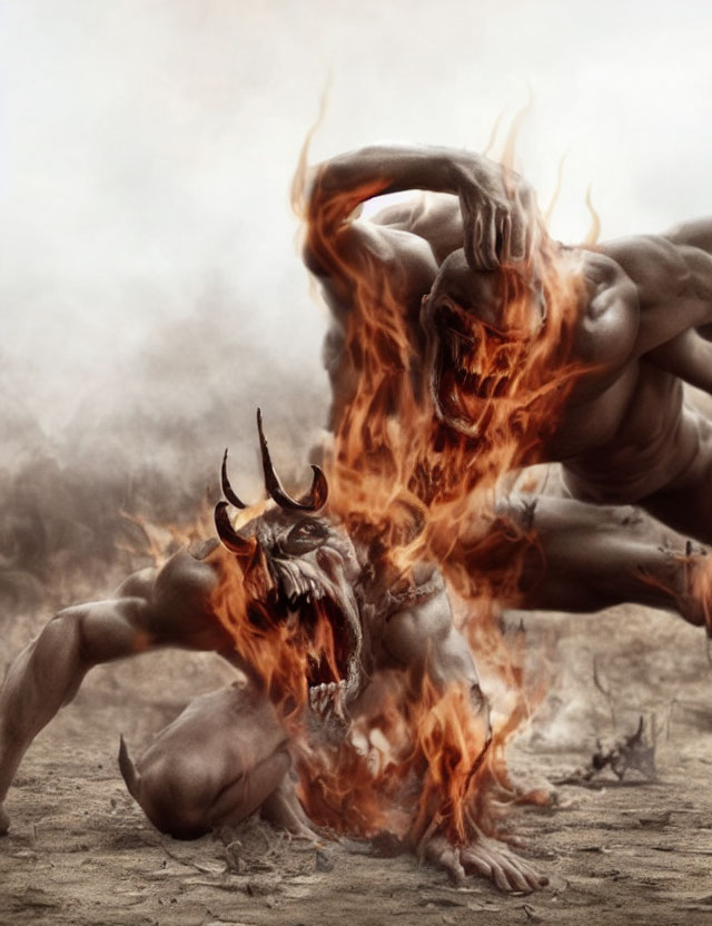 Muscular demonic figures in fiery battle on barren landscape