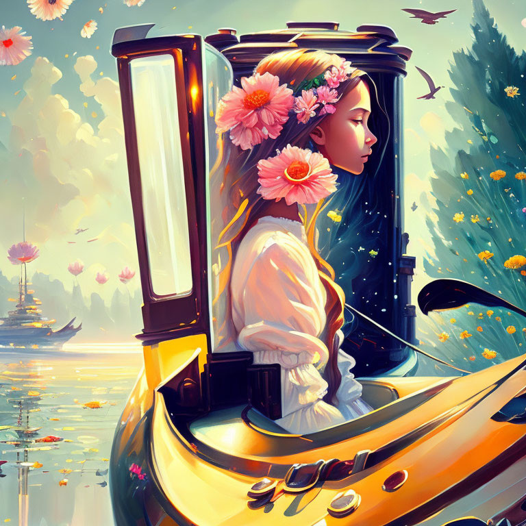 Illustration of girl with flowers in hair in vintage gramophone boat on tranquil water scene