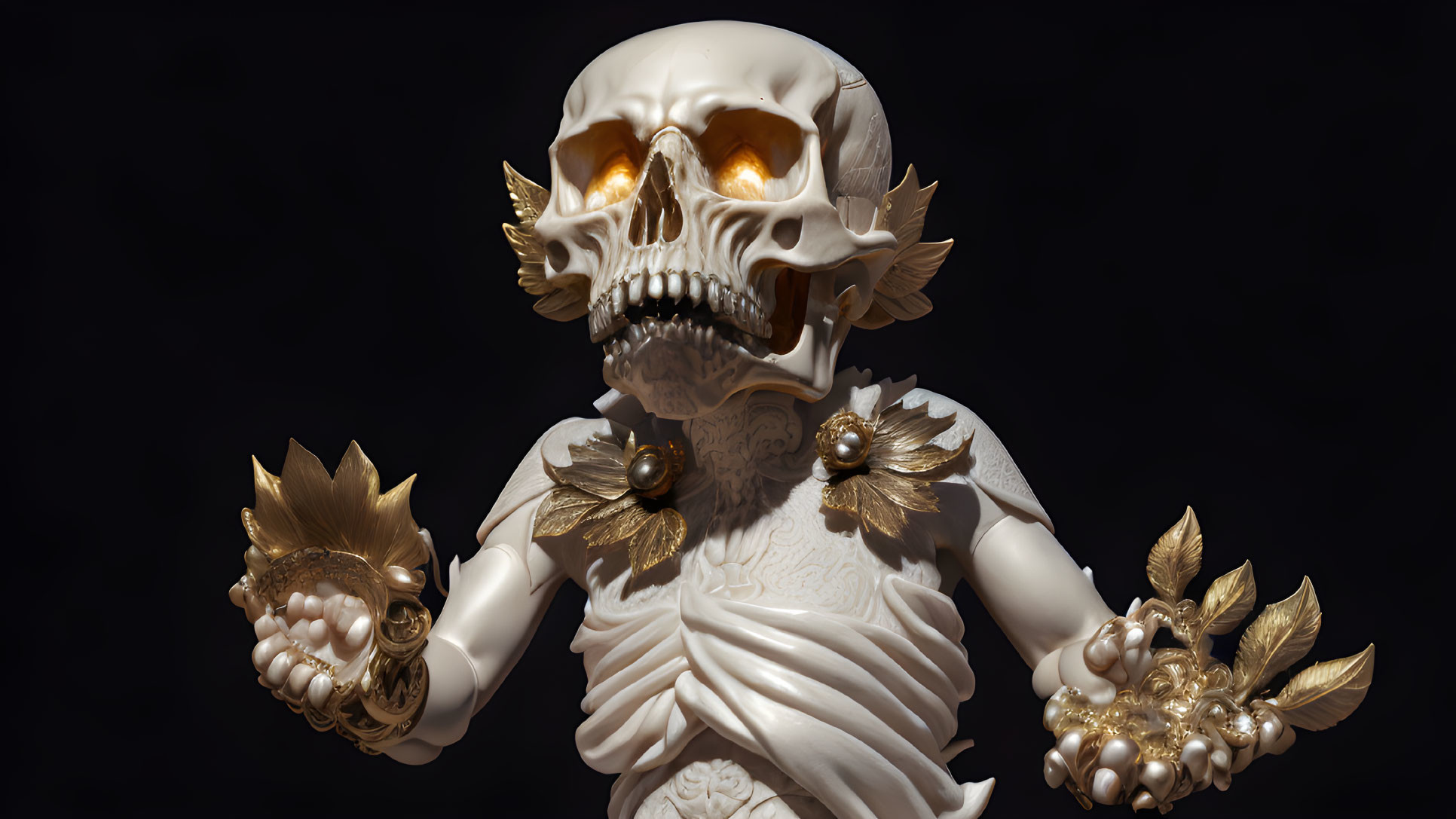 Skull 3D render with glowing eyes and golden laurel, flower accents