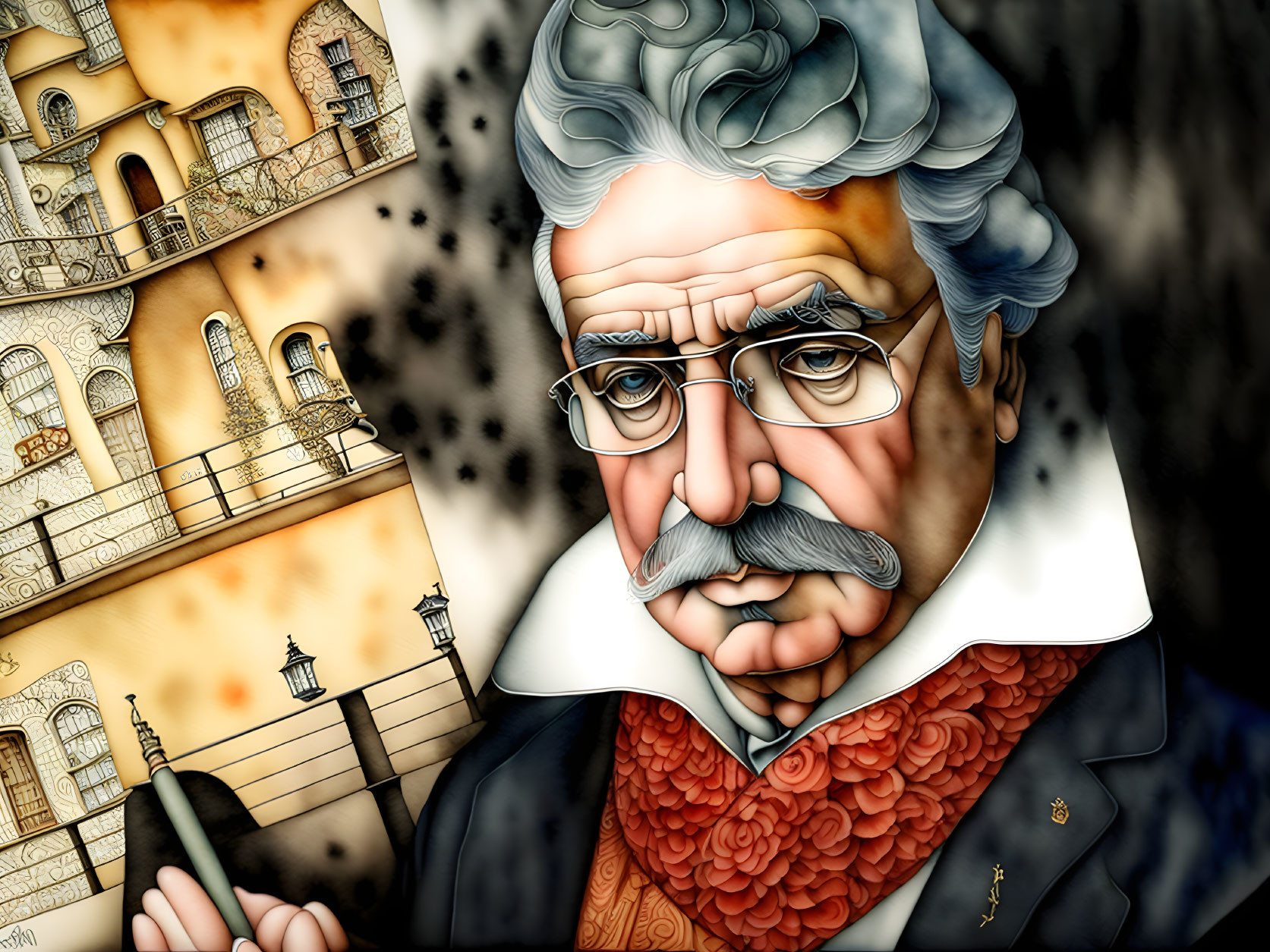 Colorful illustration of stern elderly man in red-tied suit with cigar