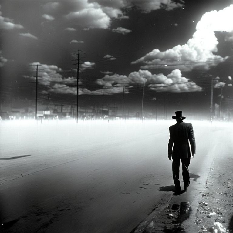 Solitary figure in hat walks on misty, streetlight-lit road at night