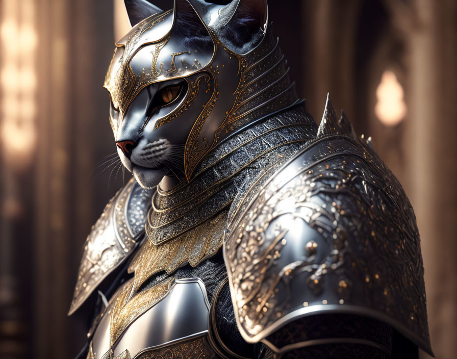 Majestic cat in golden-trimmed medieval armor on blurred backdrop