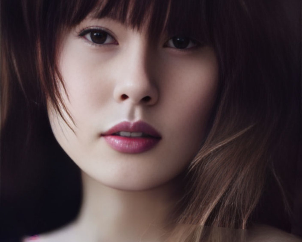 Dark-haired woman with bangs and pink lipstick in close-up portrait, featuring subtle gaze and tousled