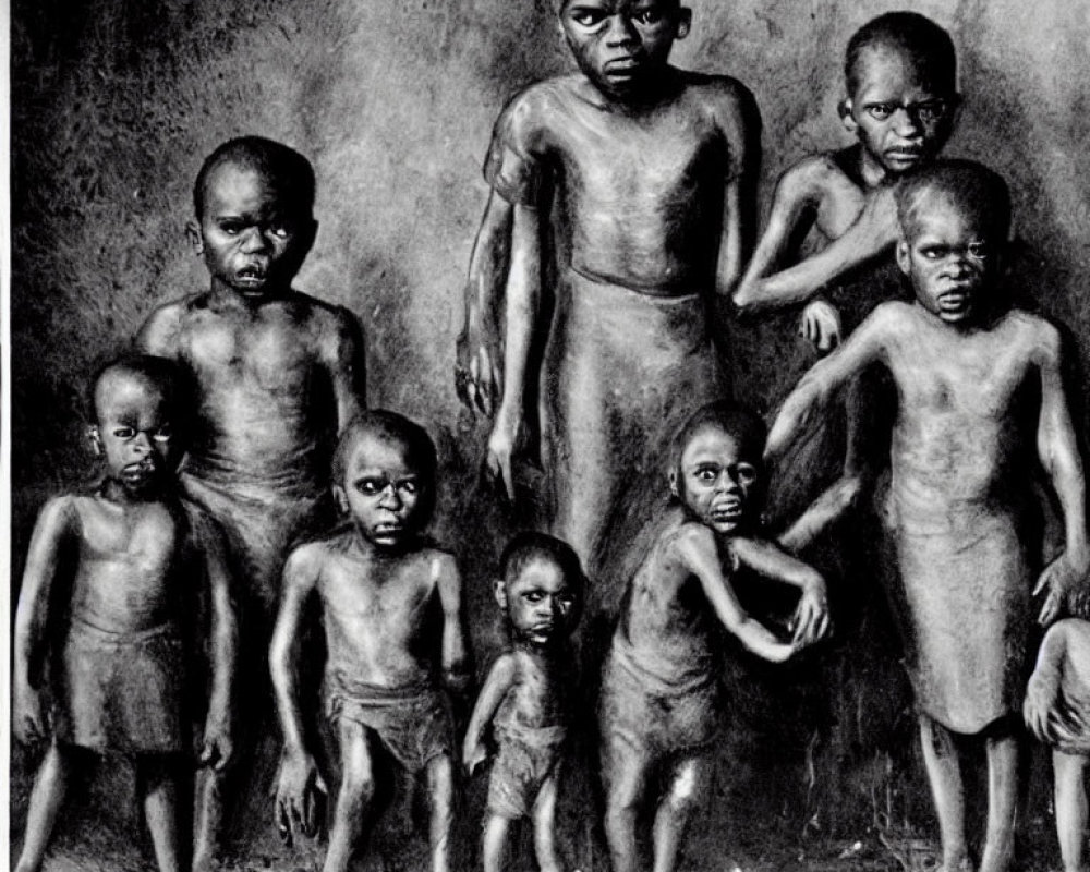 Monochrome artwork of seven malnourished children in somber poses