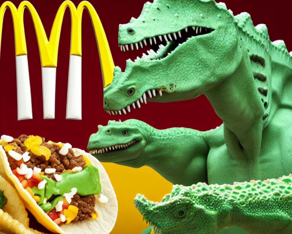 Toy dinosaurs with McDonald's logo and taco on red background