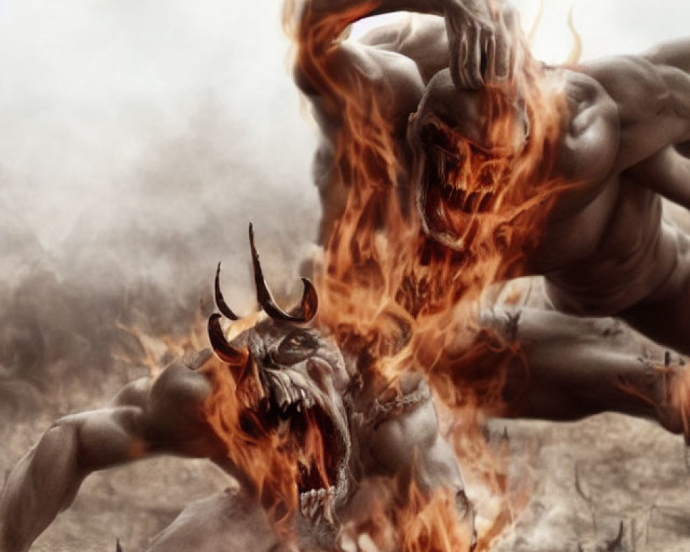 Muscular demonic figures in fiery battle on barren landscape