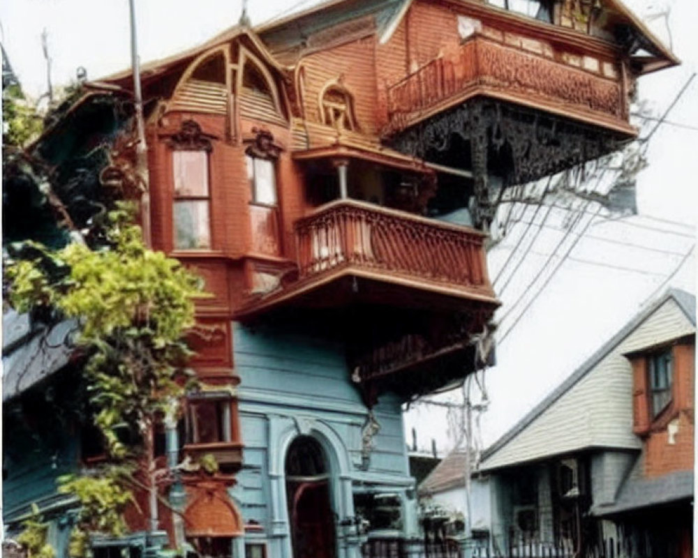 Victorian-style house with ornate balconies, red and blue exterior, in residential area