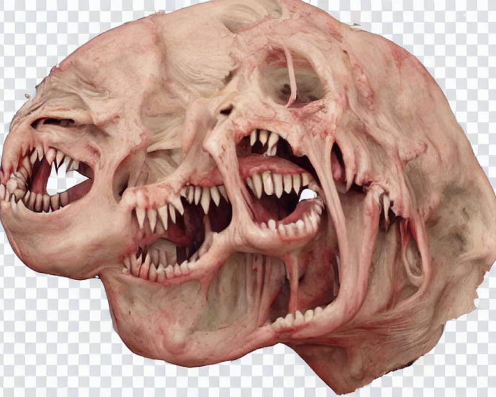 Grotesque two-faced creature head with sharp teeth and rage expression