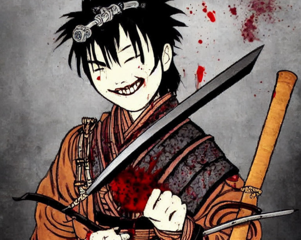 Animated samurai character with wide grin and sword in traditional attire.