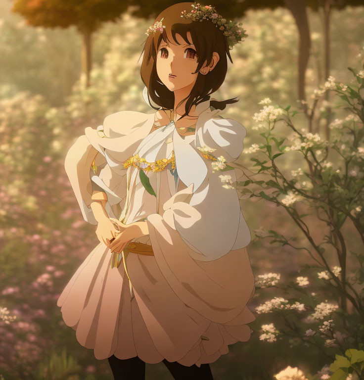 Young animated girl in floral wreath stands in sunlit forest