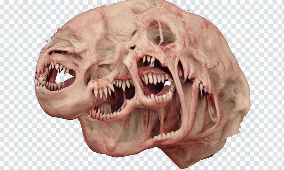 Grotesque two-faced creature head with sharp teeth and rage expression