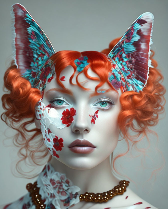 Portrait of Woman with Red Hair, Butterfly Ears, and Floral Face Patterns