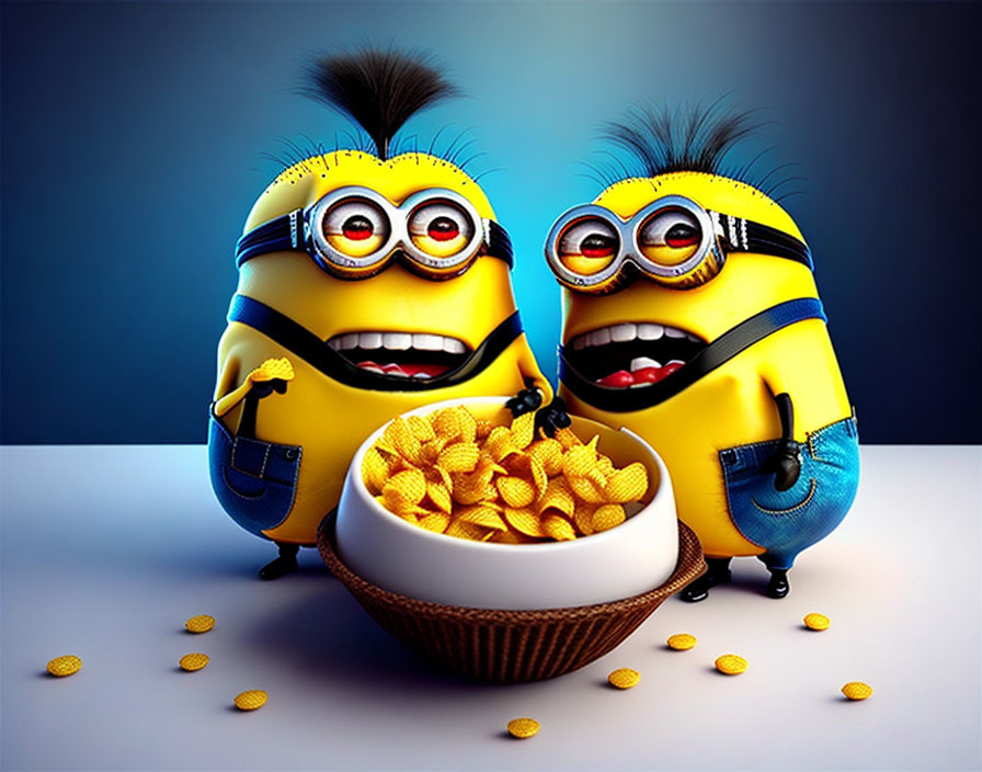 Excited Minions sharing chips on blue background