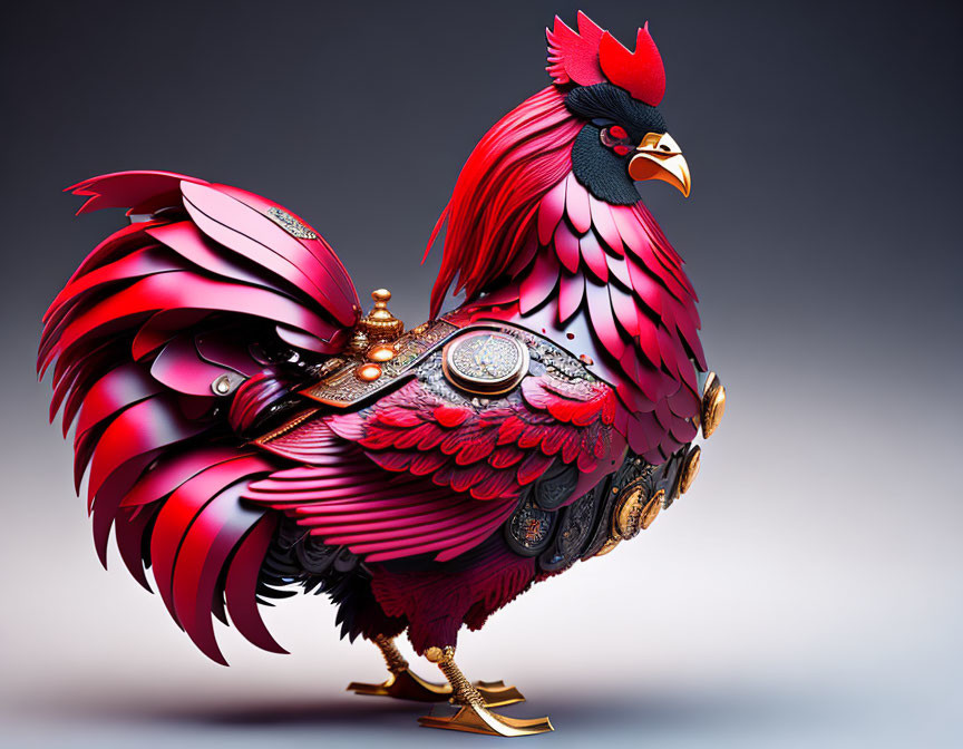 Stylized digital artwork of a rooster with vibrant red and pink feathers