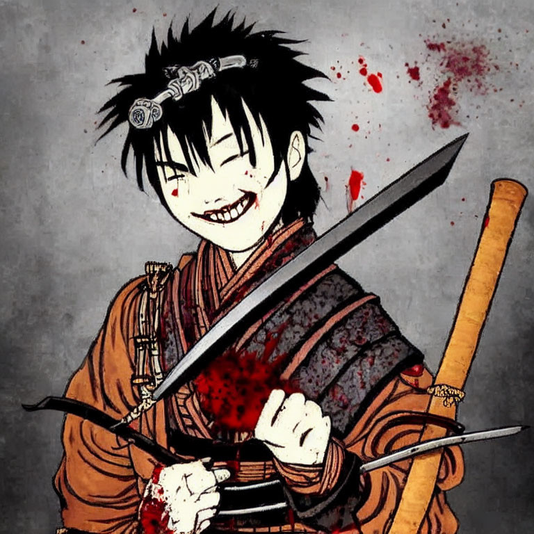 Animated samurai character with wide grin and sword in traditional attire.