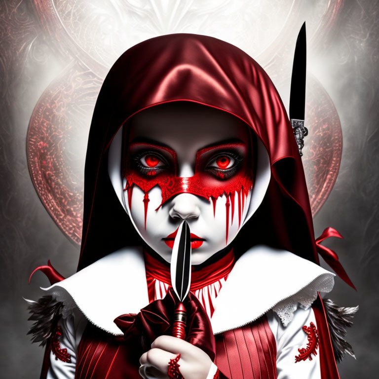 Hooded figure in red and white outfit with mask and knife in ominous setting