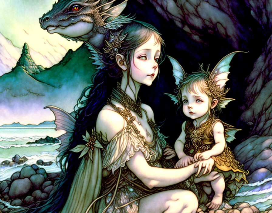 Fantasy artwork: Winged fairy, child, dragon, ocean, cliffs.