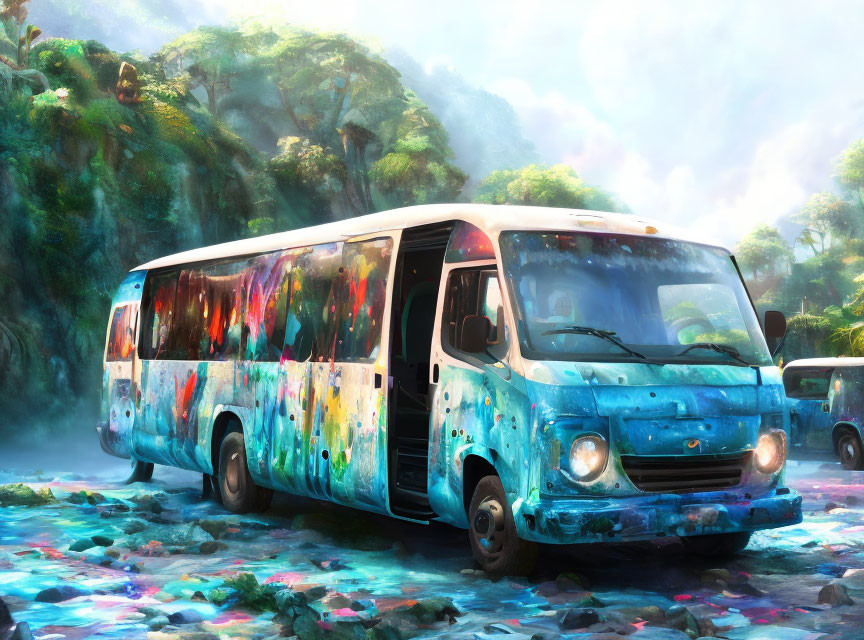 Colorful Old Van Parked in Vibrant Mystic Forest with Light Filtering Through Foliage