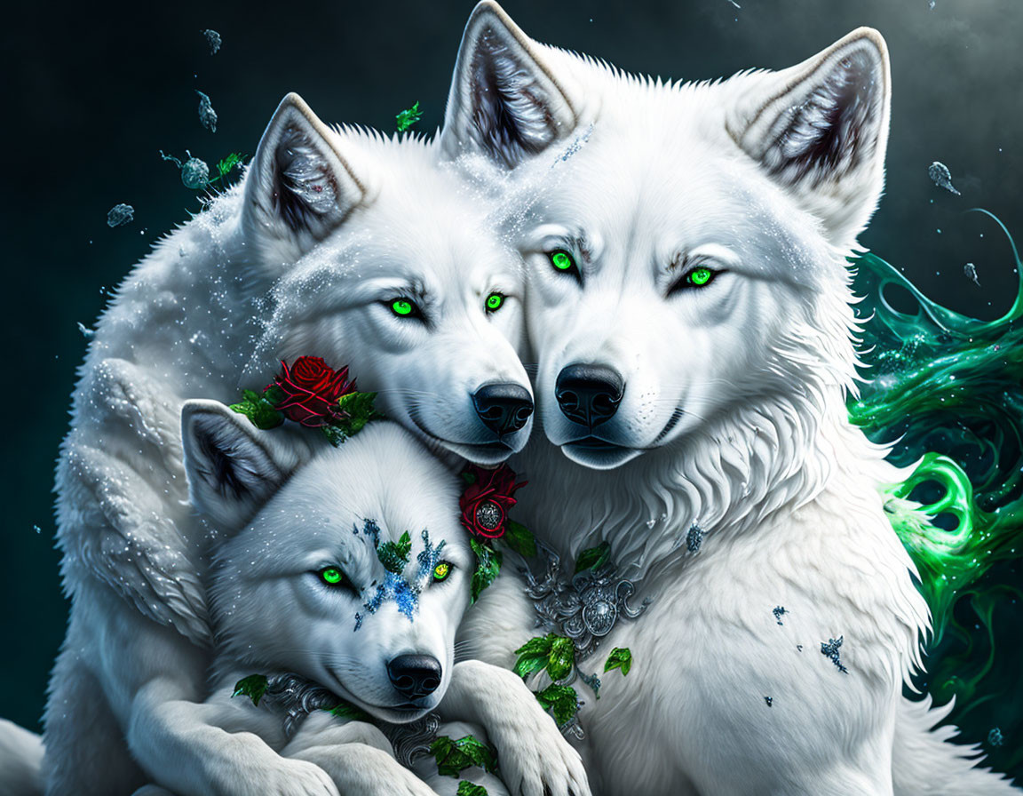 Mystical white wolves with green eyes in dark, misty setting