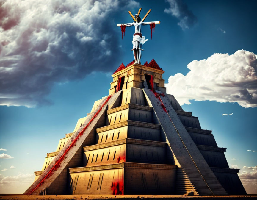 Digital artwork of ziggurat with red carpets and wind turbine under cloudy sky