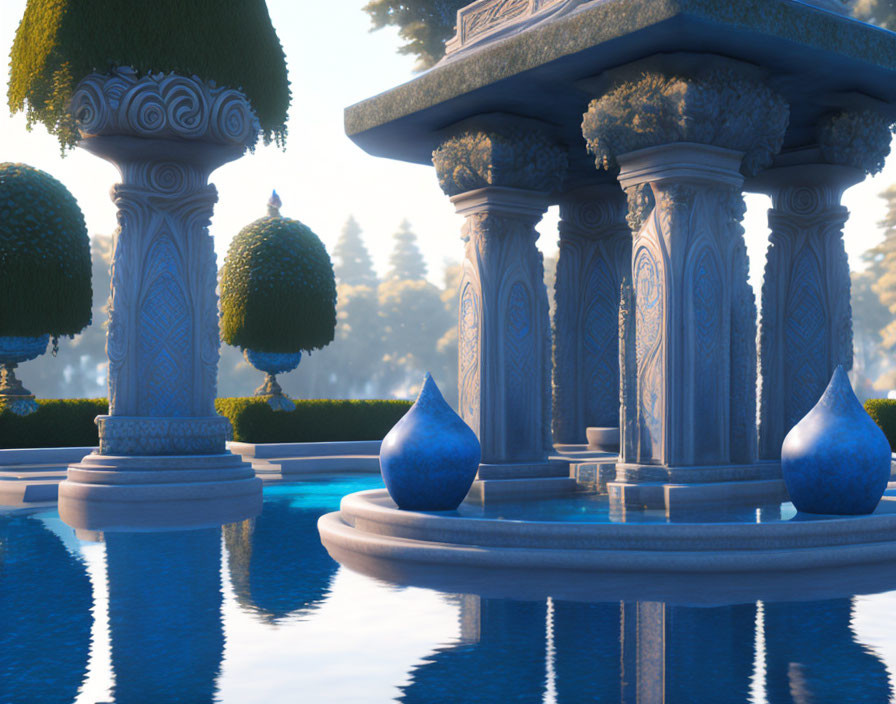 Ornate Fountain with Pillars and Topiary Trees Reflected in Blue Water Pool at Dawn