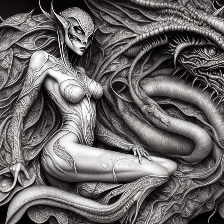 Detailed monochromatic fantasy illustration of female figure with tattoos next to serpentine creature showcasing intricate designs