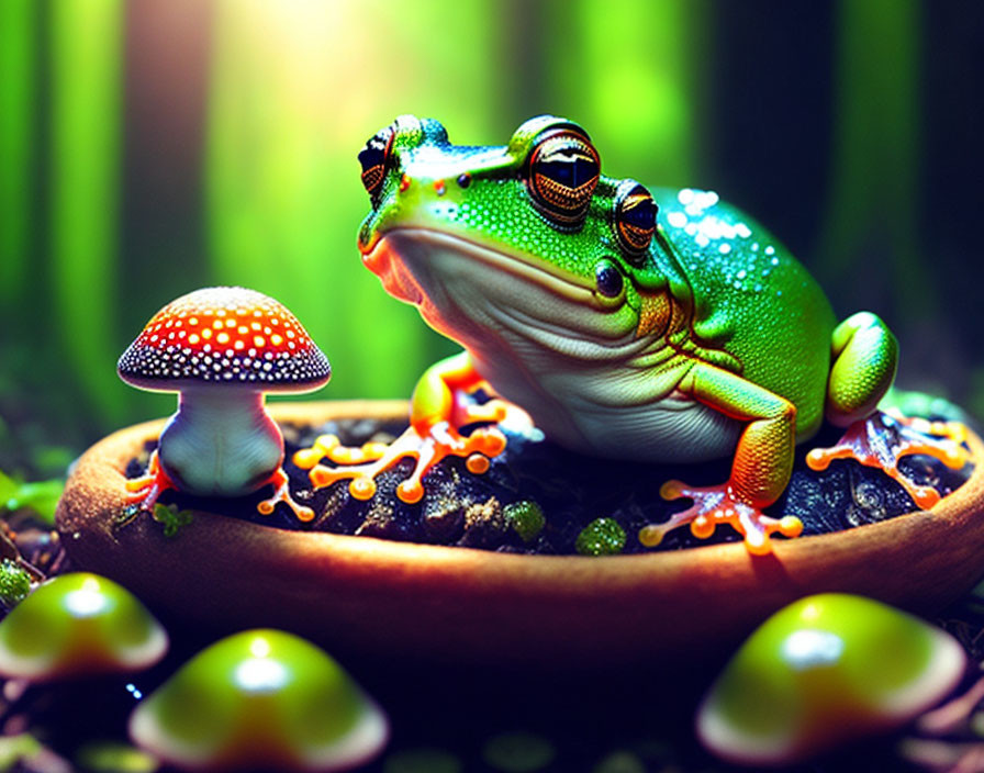 Colorful frog and red-capped mushroom in vibrant forest setting