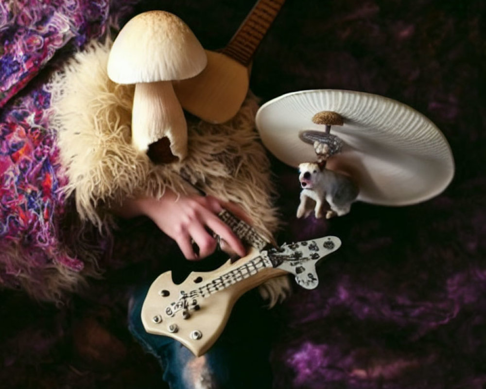 Person with Mushroom Head Playing Bass Guitar and Mouse on Plate