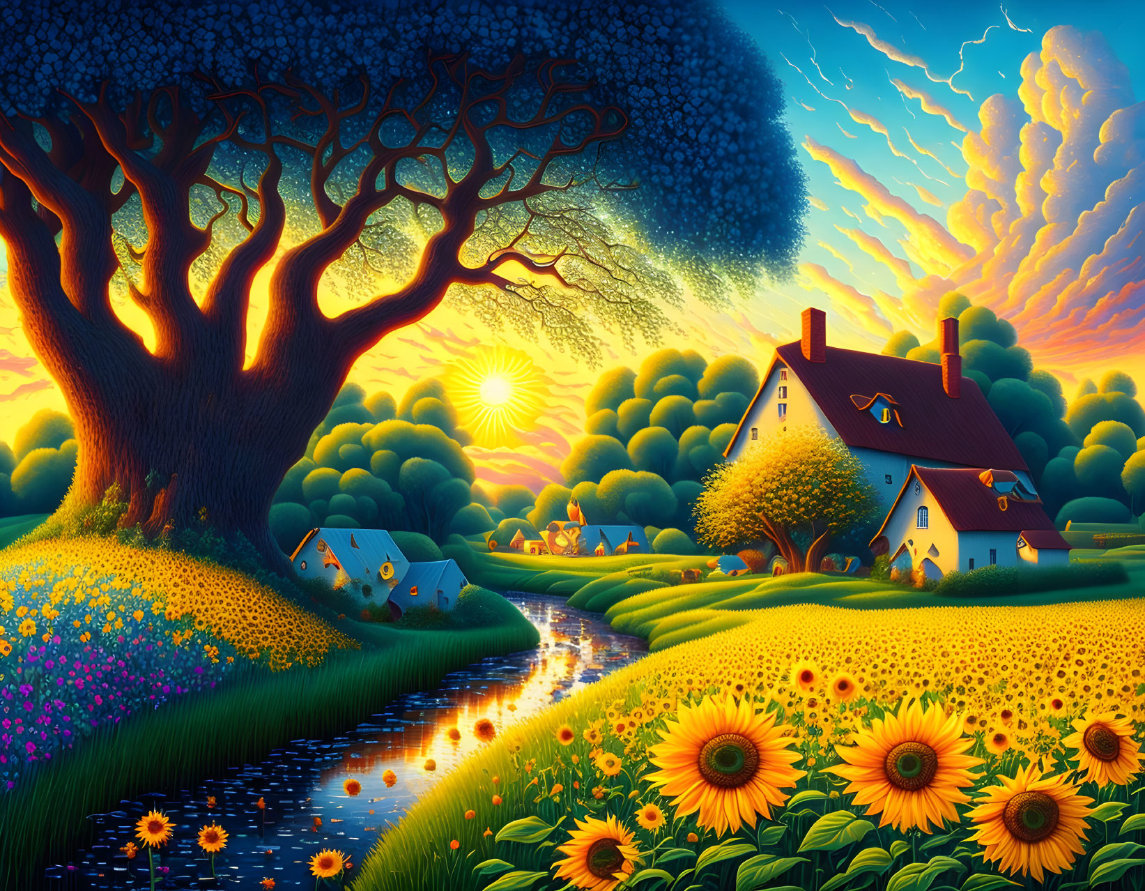 Scenic landscape with sunflowers, stream, and sunset