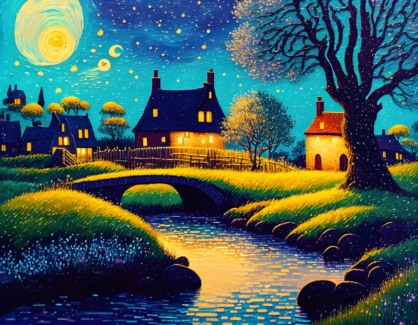 Vibrant village scene with starry night sky and illuminated homes