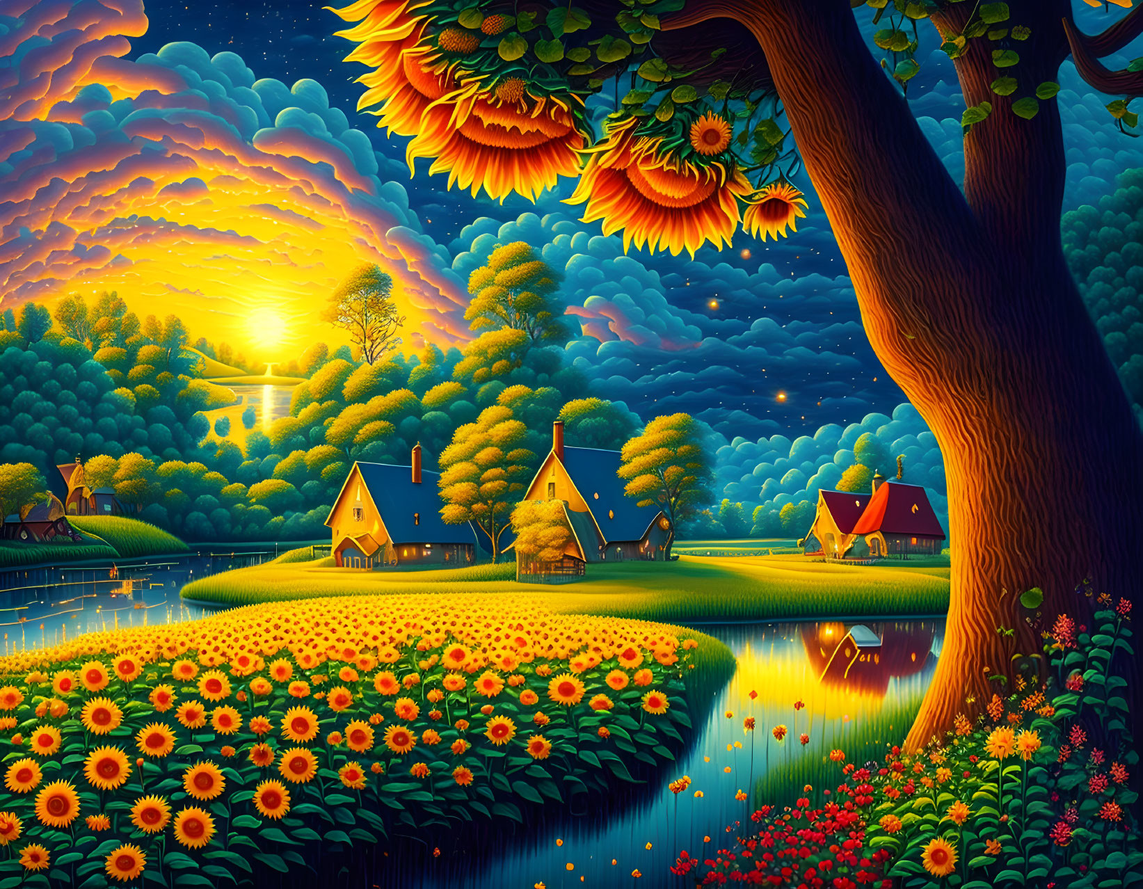 Colorful sunset landscape with sunflowers, village, and serene lake