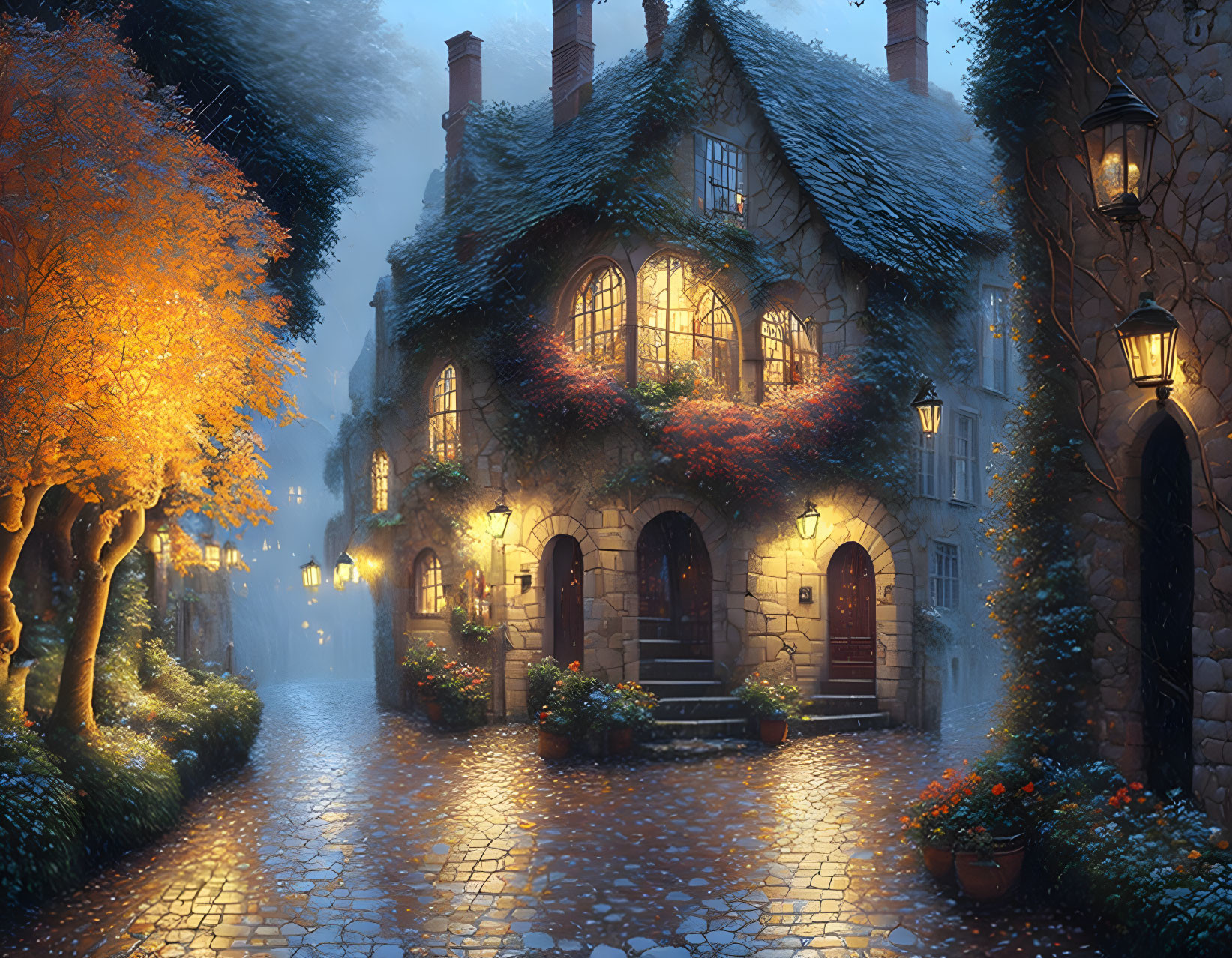 Cozy Illuminated Cottage Among Autumn Trees