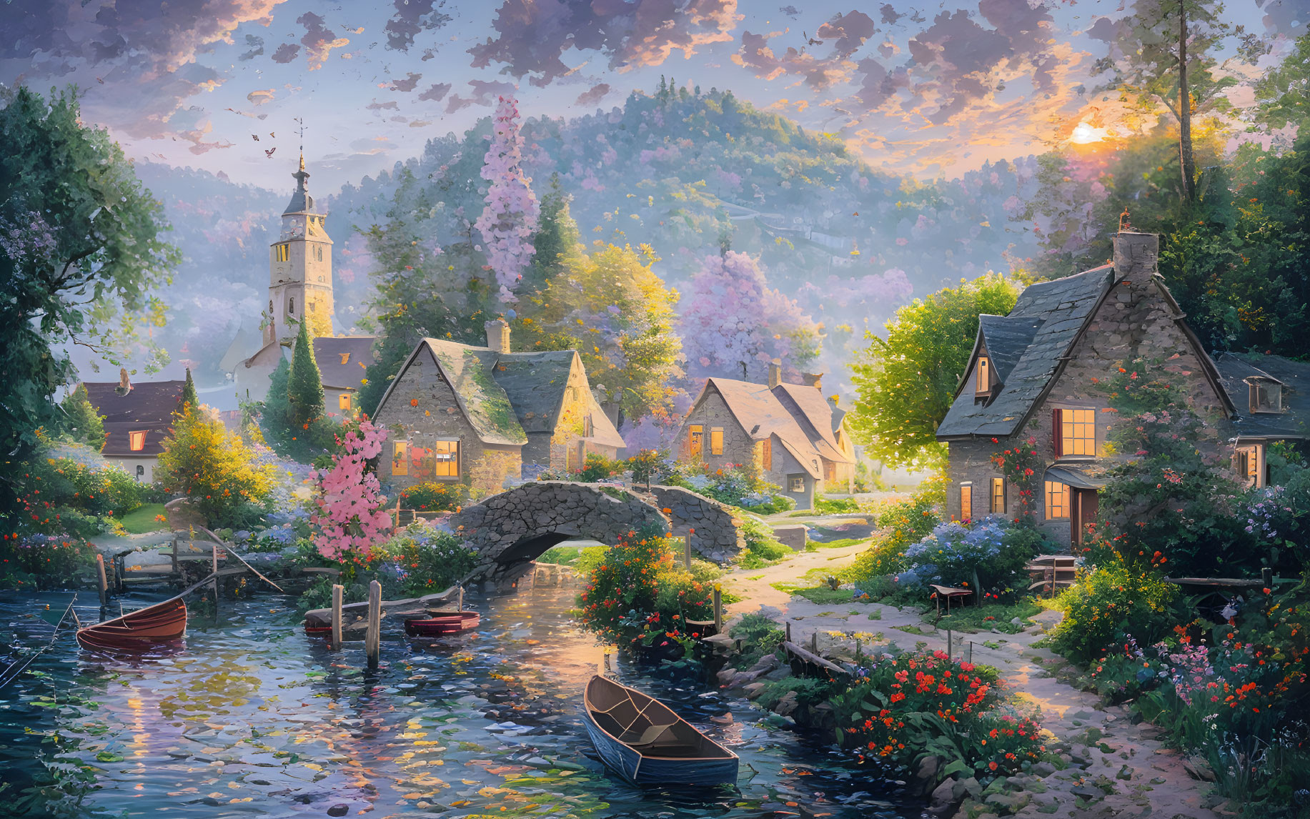 Tranquil village scene: thatched cottages, stone bridge, river, boats, blooming