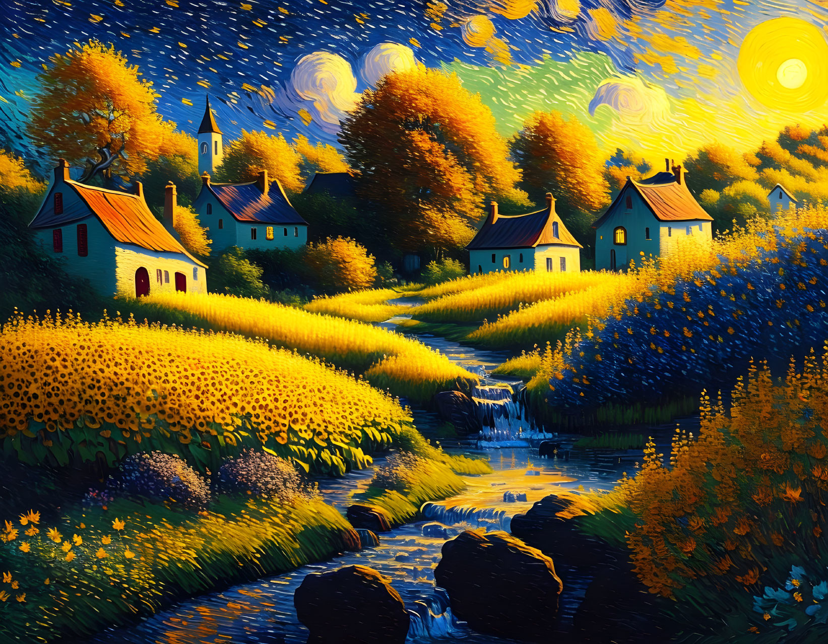 Colorful Starry Night-inspired painting with sunflowers, houses, and a meandering stream