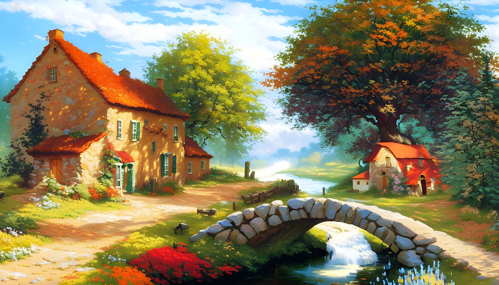 Tranquil countryside landscape with stone bridge, rustic houses, autumn trees, and blue sky