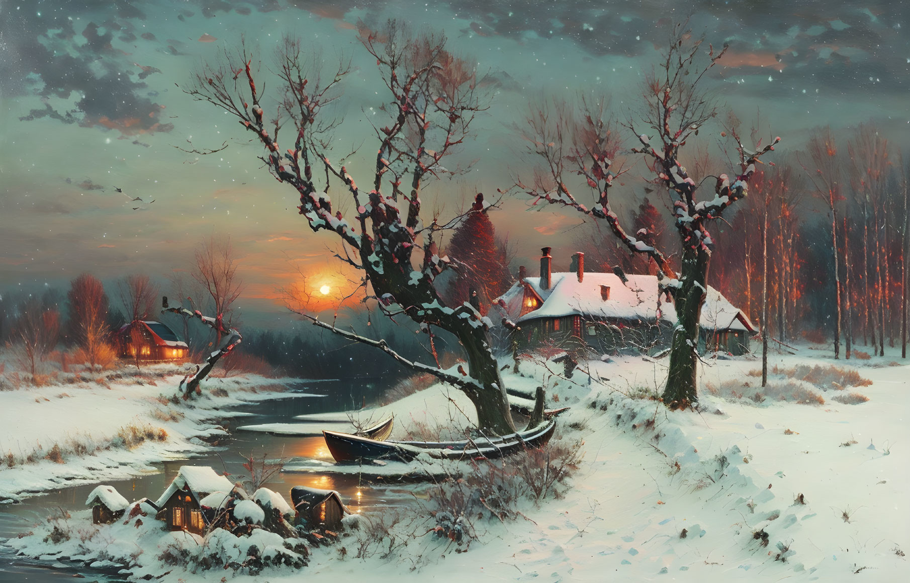 Snow-covered winter landscape with frozen river, canoe, bare trees, and cozy cottages at dusk