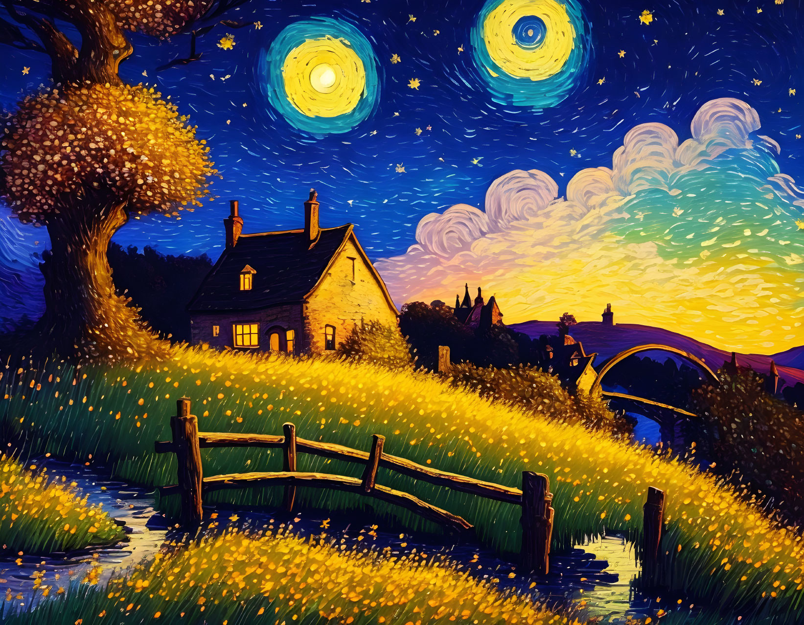 Starry night sky painting with moons, house, tree, and fence