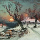 Snow-covered winter landscape with frozen river, canoe, bare trees, and cozy cottages at dusk