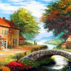 Tranquil countryside landscape with stone bridge, rustic houses, autumn trees, and blue sky