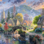 Tranquil village scene: thatched cottages, stone bridge, river, boats, blooming