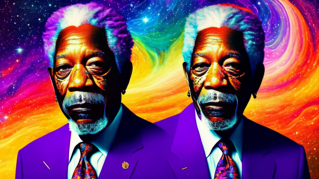 Dual cosmic-themed portrait digital artwork with vibrant colors.