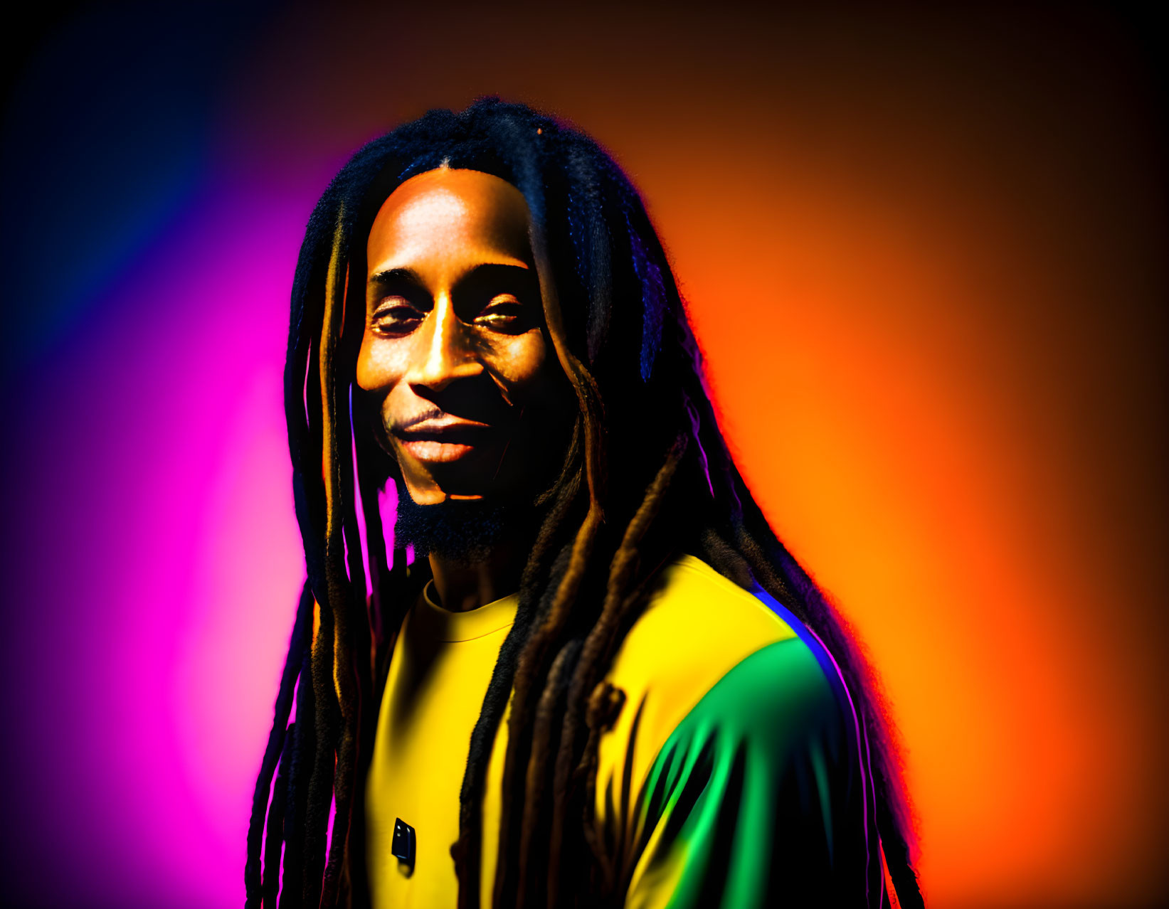 Person with dreadlocks in green and yellow shirt smiling on vibrant orange and purple backdrop