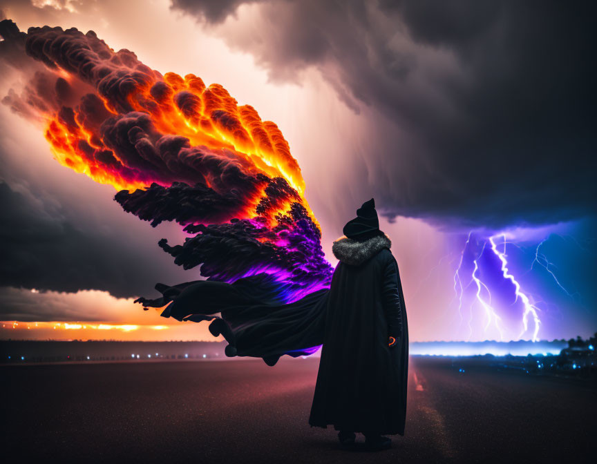 Cloaked Figure on Road with Fiery Cloud and Lightning