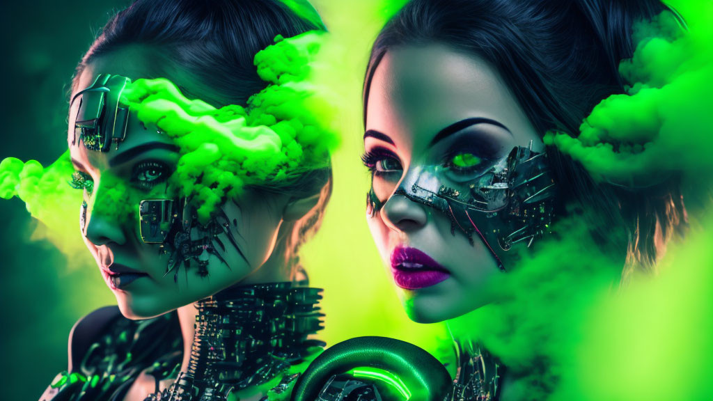 Futuristic sci-fi image of two women with cybernetic enhancements