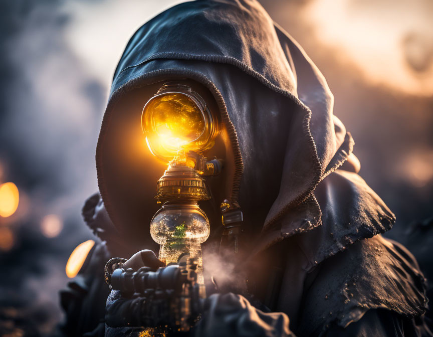 Cloaked figure holding glowing orb and intricate device in dimly lit scene