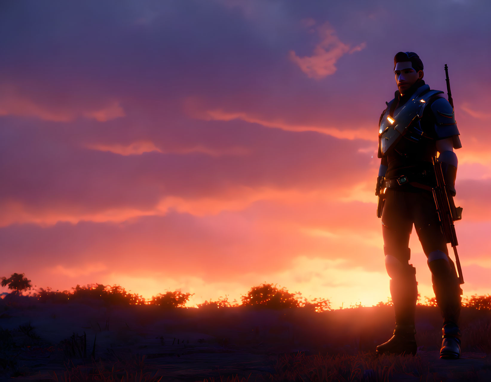 Military character silhouette against vibrant purple and orange sunset