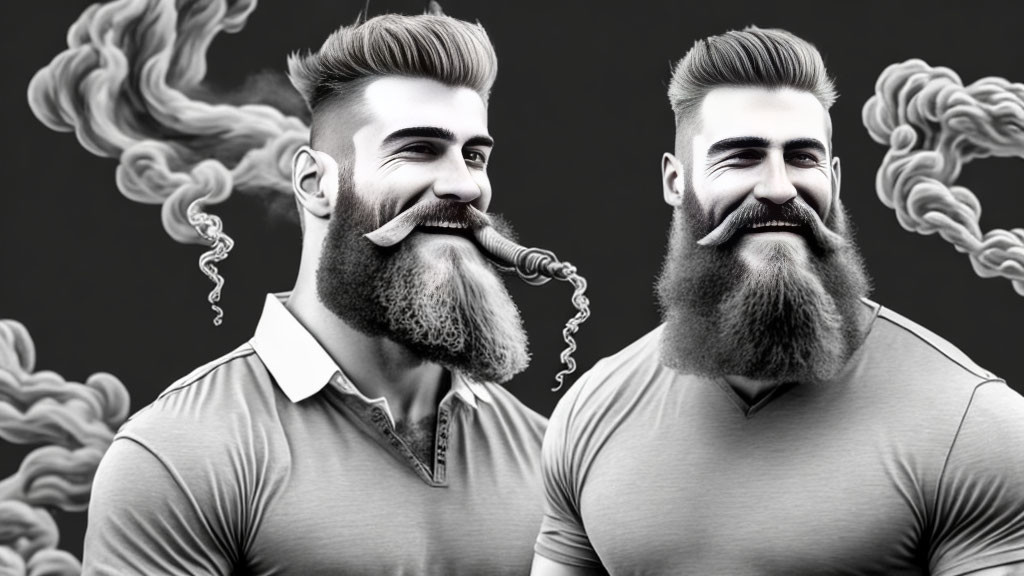 Stylized male characters with beards and smoke in gray-scale