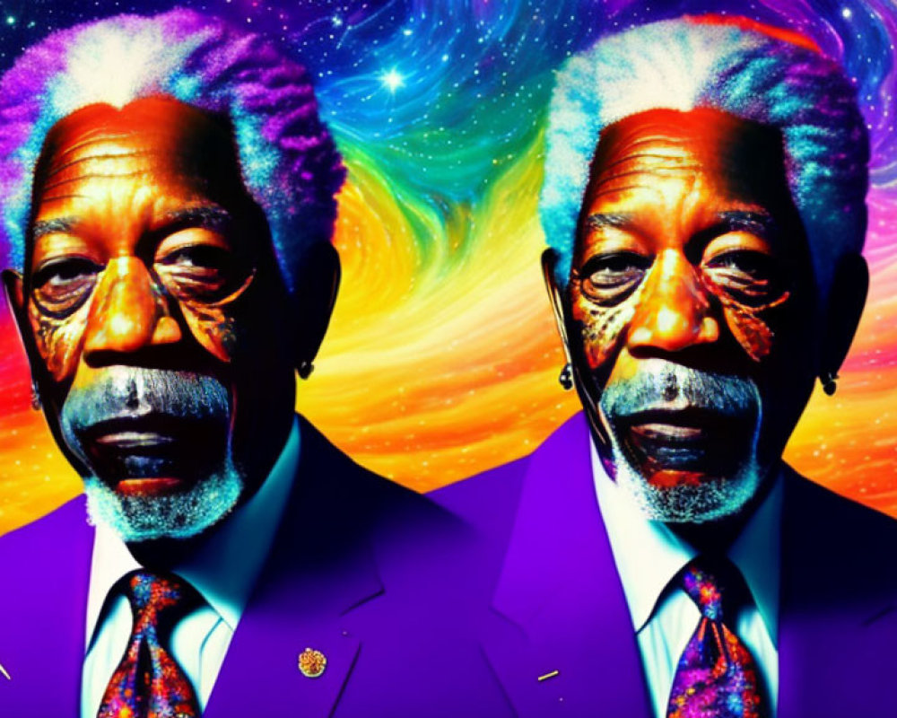 Dual cosmic-themed portrait digital artwork with vibrant colors.