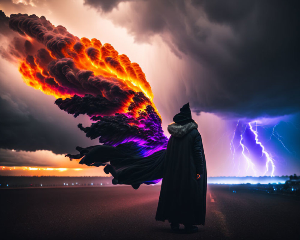 Cloaked Figure on Road with Fiery Cloud and Lightning