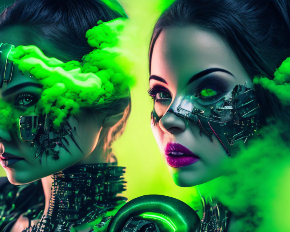 Futuristic sci-fi image of two women with cybernetic enhancements